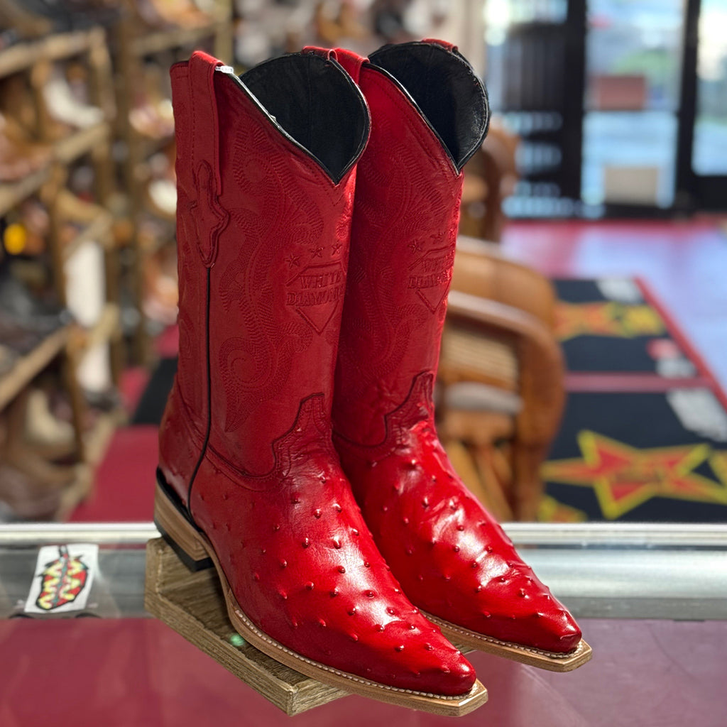 Mens Red Ostrich Print Boots | White Diamonds Boots display picture 2