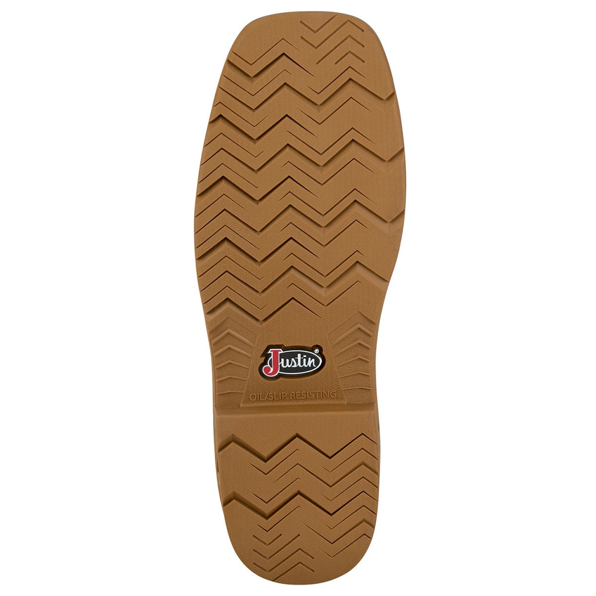 Brown shoe sole with tread pattern and Justin brand logo on a white background.