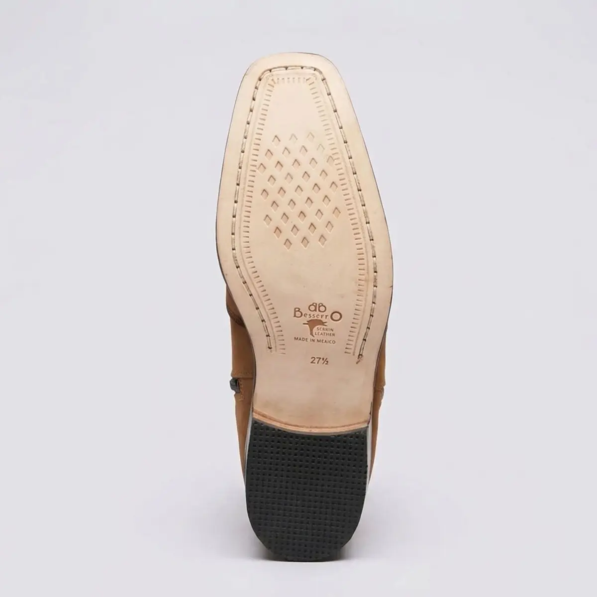 Bottom view of the El Besserro Goodyear welted stitched leather outsole featuring the brand stamp, size marking, and rubber heel cap.