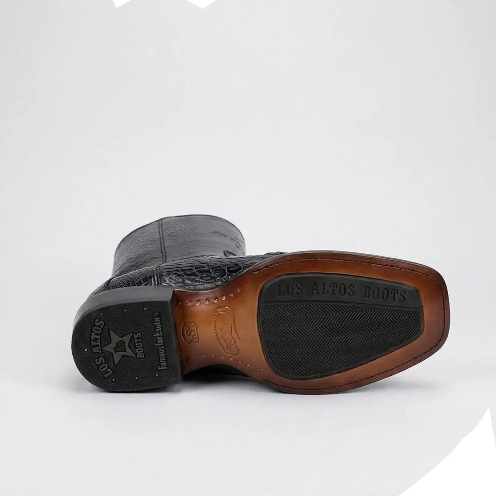 Bottom view of the Los Altos Men's Black Caiman 7X Square Toe boot displaying the hand-stitched leather outsole with built-in rubber traction pad, brass pegging, and stamped Los Altos brand logo.