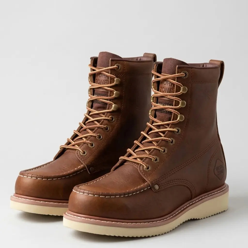Pair studio shot of the Work Zone 8-inch steel toe work boots showcasing both left and right boots from a three-quarter angle.