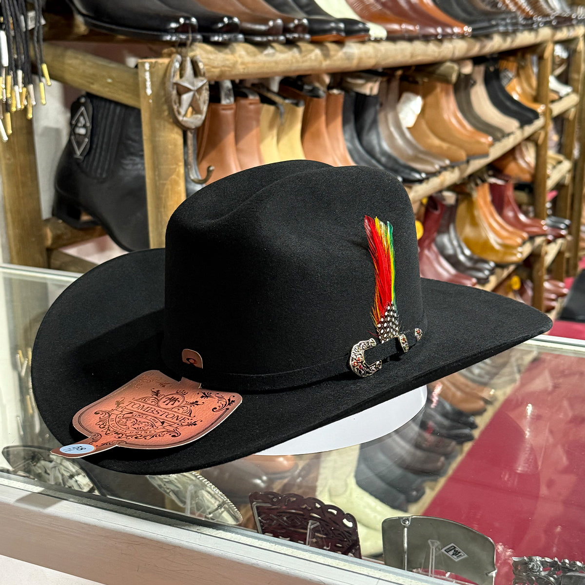 Tombstone 50x black beaver fur felt cowboy hat Sinaloa style with feather.