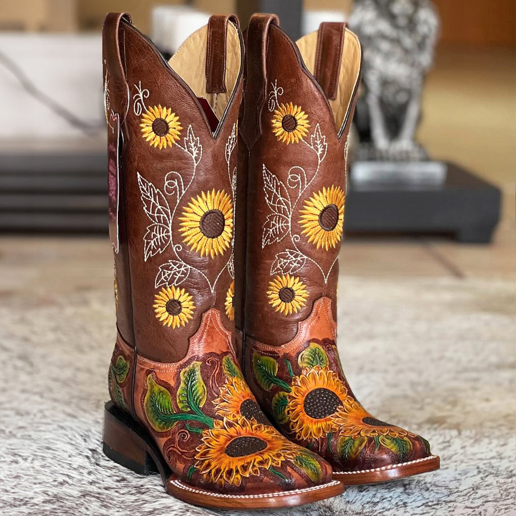 Abolengo Square Toe Sunflower Cowgirl Boots: Hand-Tooled Craftsmanship