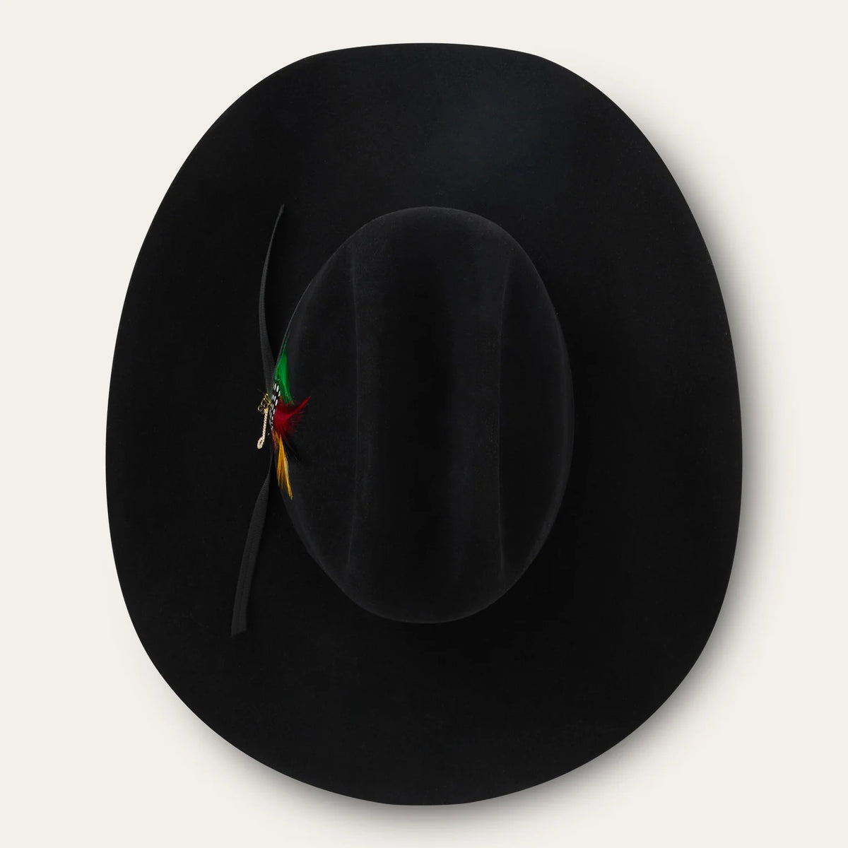 Overhead view of the Stetson Rancher 30X black fur felt cowboy hat showing the oval crown crease and wide curved brim.