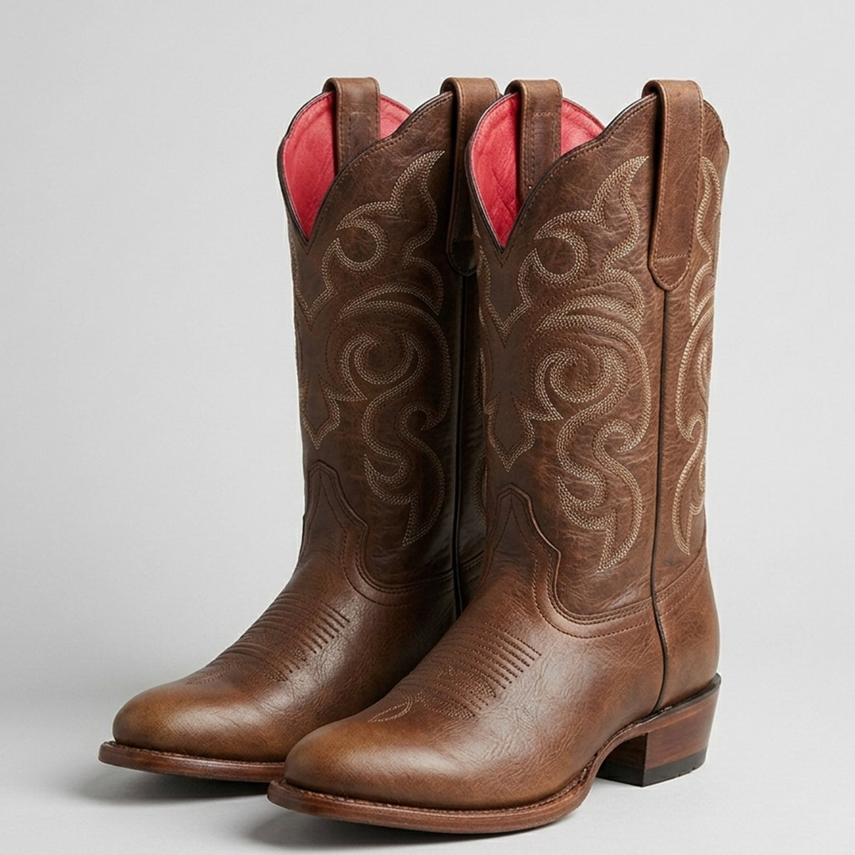 Los Altos women's walnut brown genuine leather cowboy boots featuring a rounded oval R-toe, embroidered 12-inch shaft, and western heel.