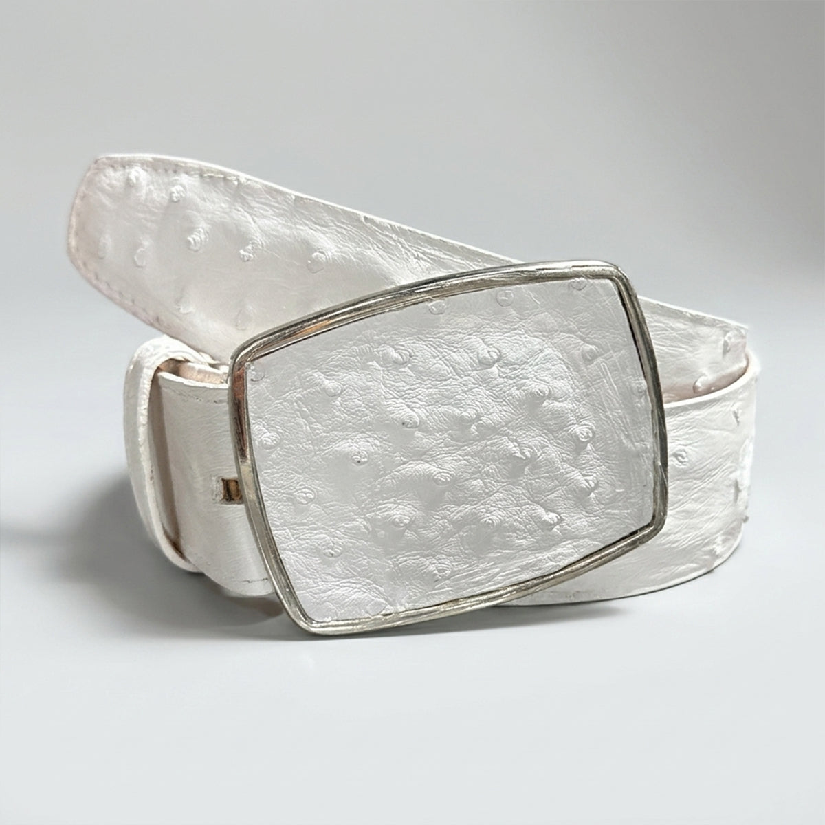 Los Altos white ostrich belt with silver buckle.