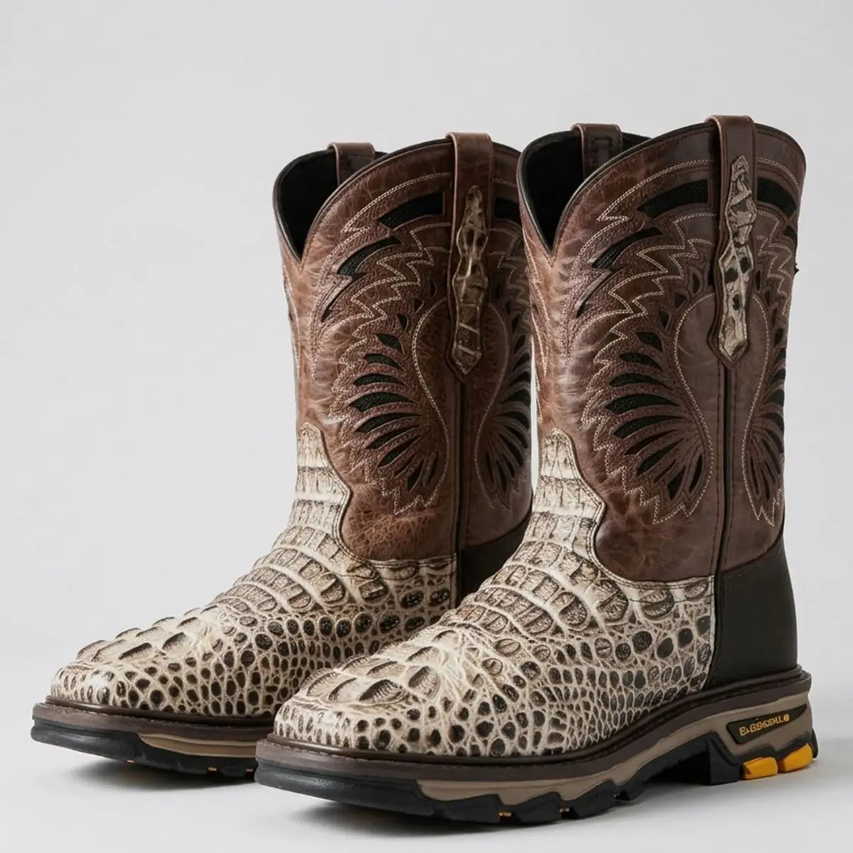 Pair view of the El General Sand crocodile print square toe work boots displaying both left and right boots from a three-quarter studio angle.