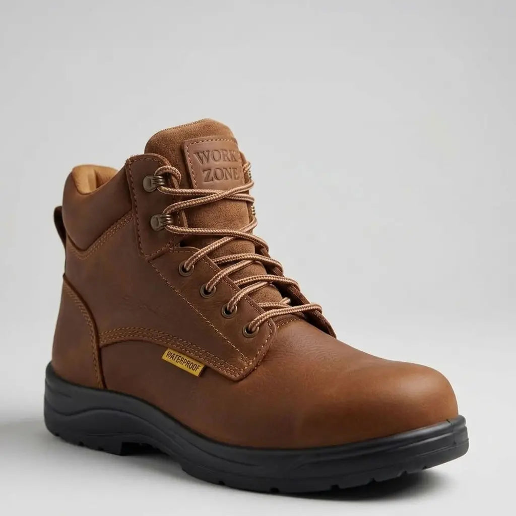 Studio profile view of the Work Zone Men's S623 6-inch waterproof brown leather steel toe work boot displaying the speed hooks, waterproof tag, and dual-density black outsole.