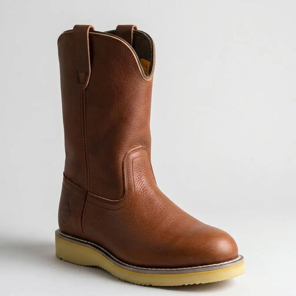 Studio profile view of the Work Zone Men's 10-inch soft toe Wellington boot displaying the rich tan oil-tumbled leather, pull straps, and cream wedge sole.