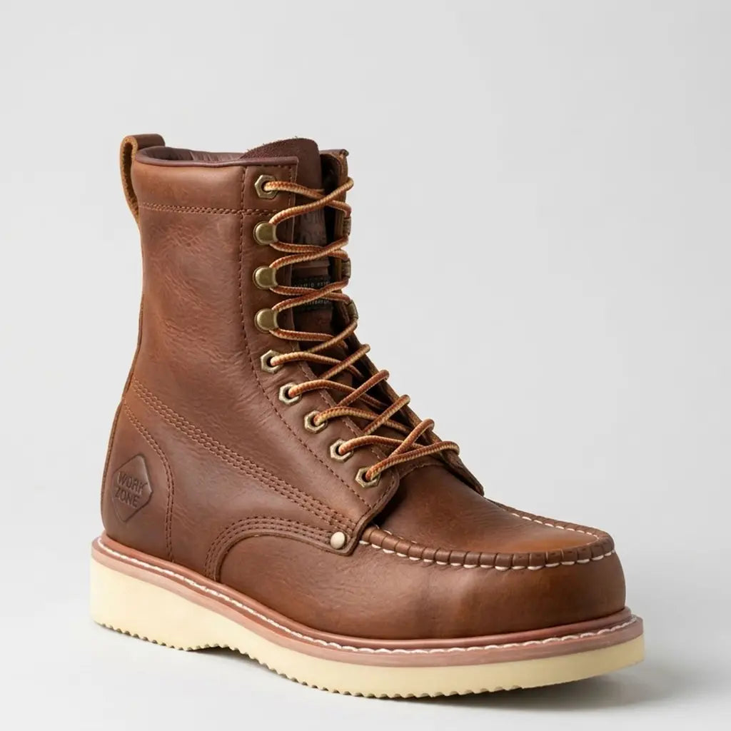 Studio profile view of the Work Zone Men's 8-inch mocc steel toe work boot displaying the brown tumbled leather, speed hooks, Goodyear storm welt, and cream wedge sole.