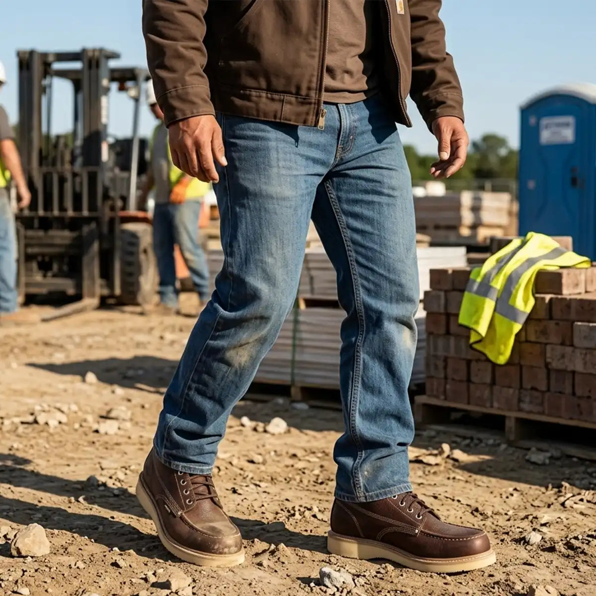 Close-up lifestyle view of a worker walking on a construction site wearing Establo dark brown leather steel toe moc toe work boots with cream wedge soles.