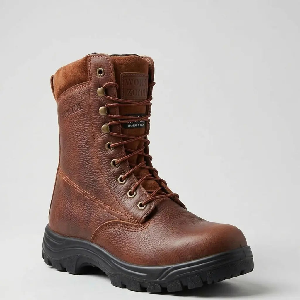 Studio profile view of the Work Zone Men's N852 8-inch waterproof insulated work boot showing the brown oiled leather, speed hooks, 200g Thinsulate tag, and black lug outsole.