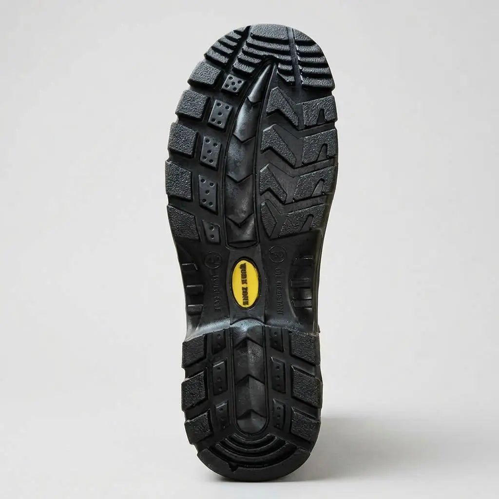 Bottom view of the Work Zone N852 PU/TPU dual-density outsole showing the deep slip and oil-resistant lug tread pattern and yellow Work Zone logo.