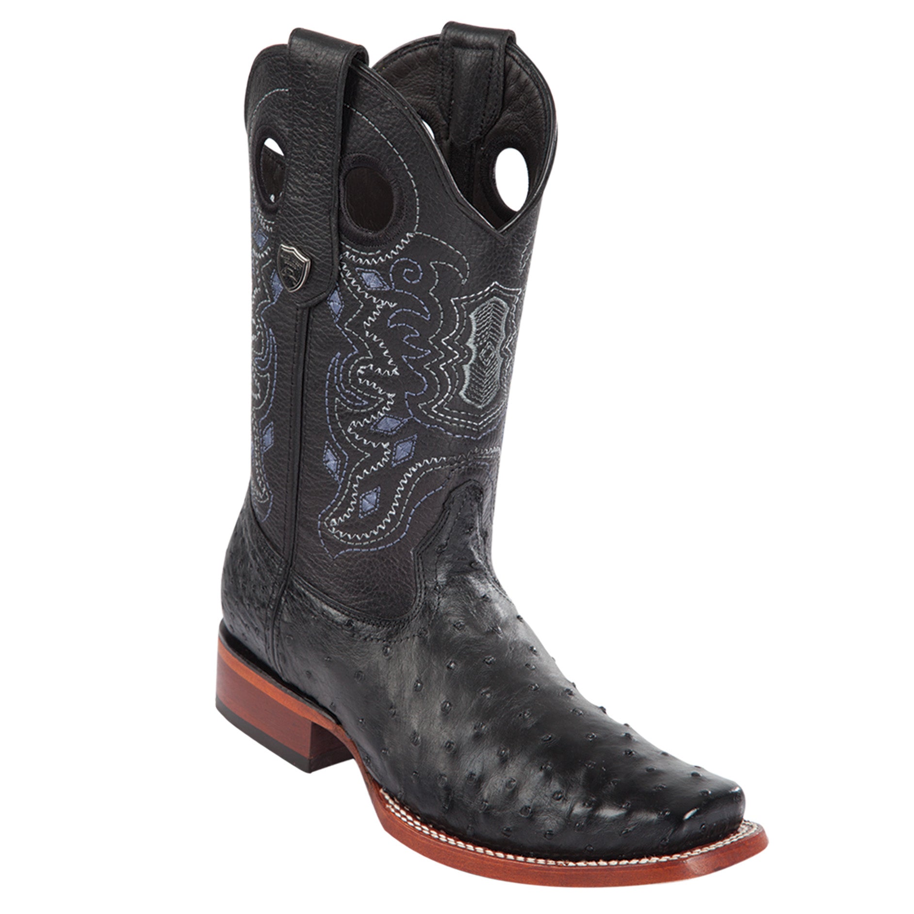 Silverton Men's Genuine Ostrich Leg Print Leather Boots – Wide Square Toe, Black, Handmade In Mexico