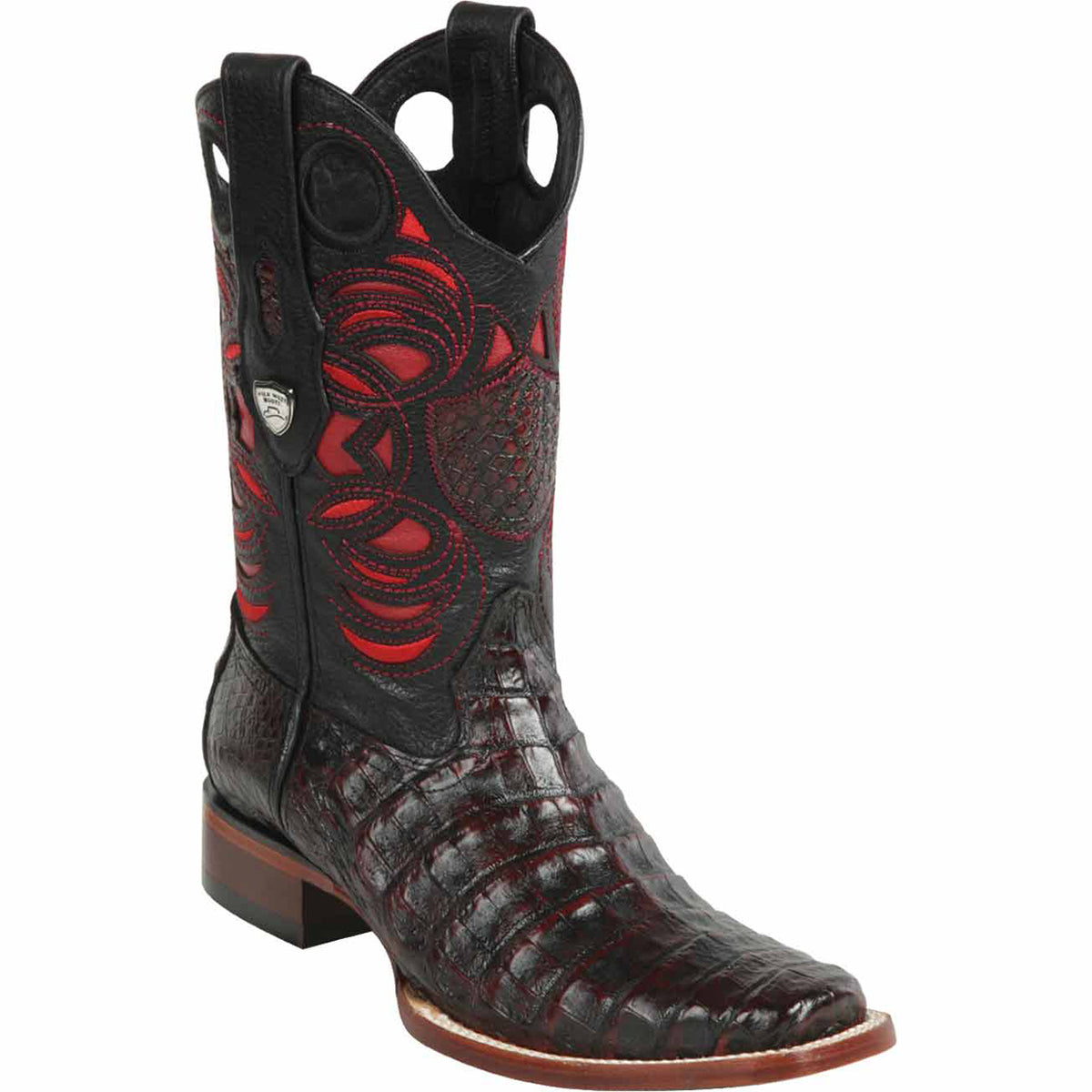 Short Square Toe Caiman Boots Black Cherry