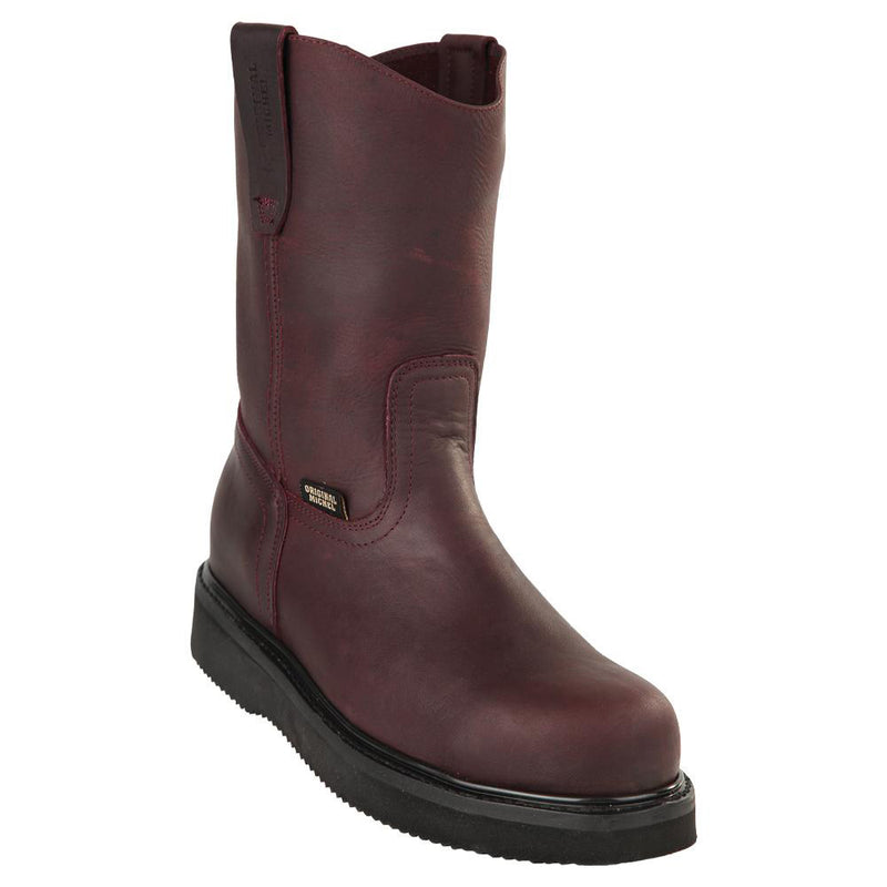 Burgundy men's steel toe pull on work boot.