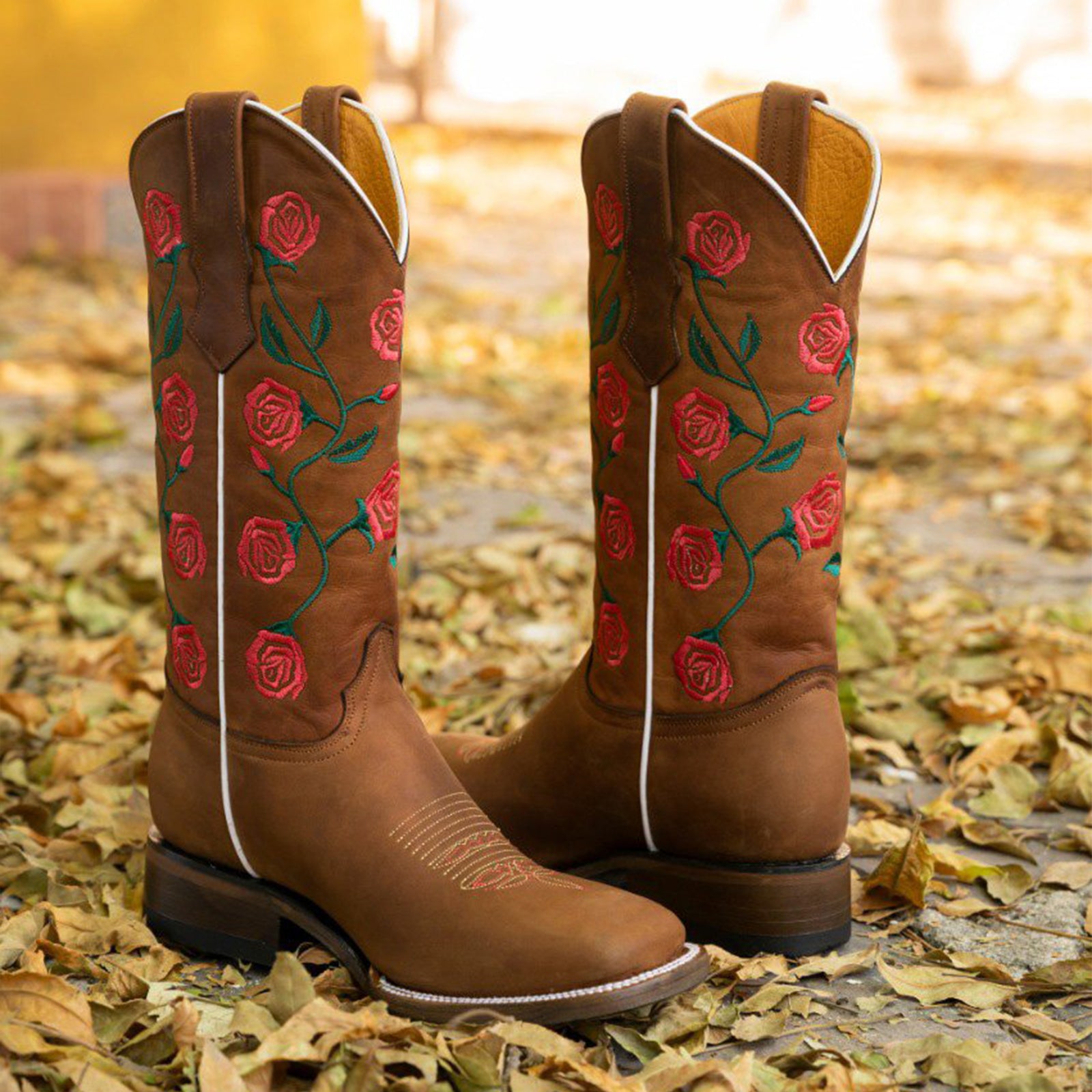 Image of Abolengo Red Rose Square Toe Cowgirl Boots outside.