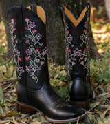 Image of Abolengo Violeta Women's Floral Black Cowgirl Boots outside.