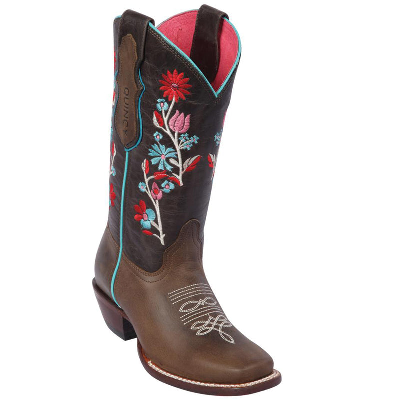 Flowered Square Toe Cowgirl Boots - Chocolate