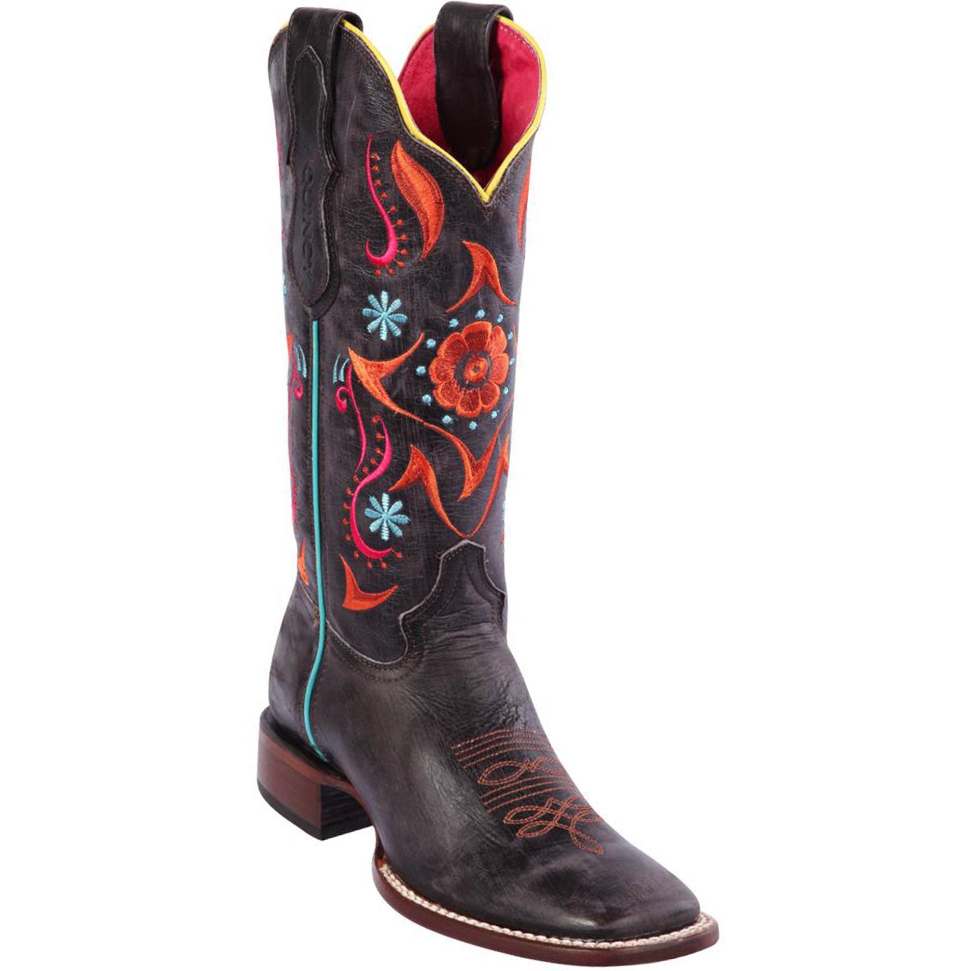 Flower Volcano Dark Grey Square Toe Cowgirl Boots
