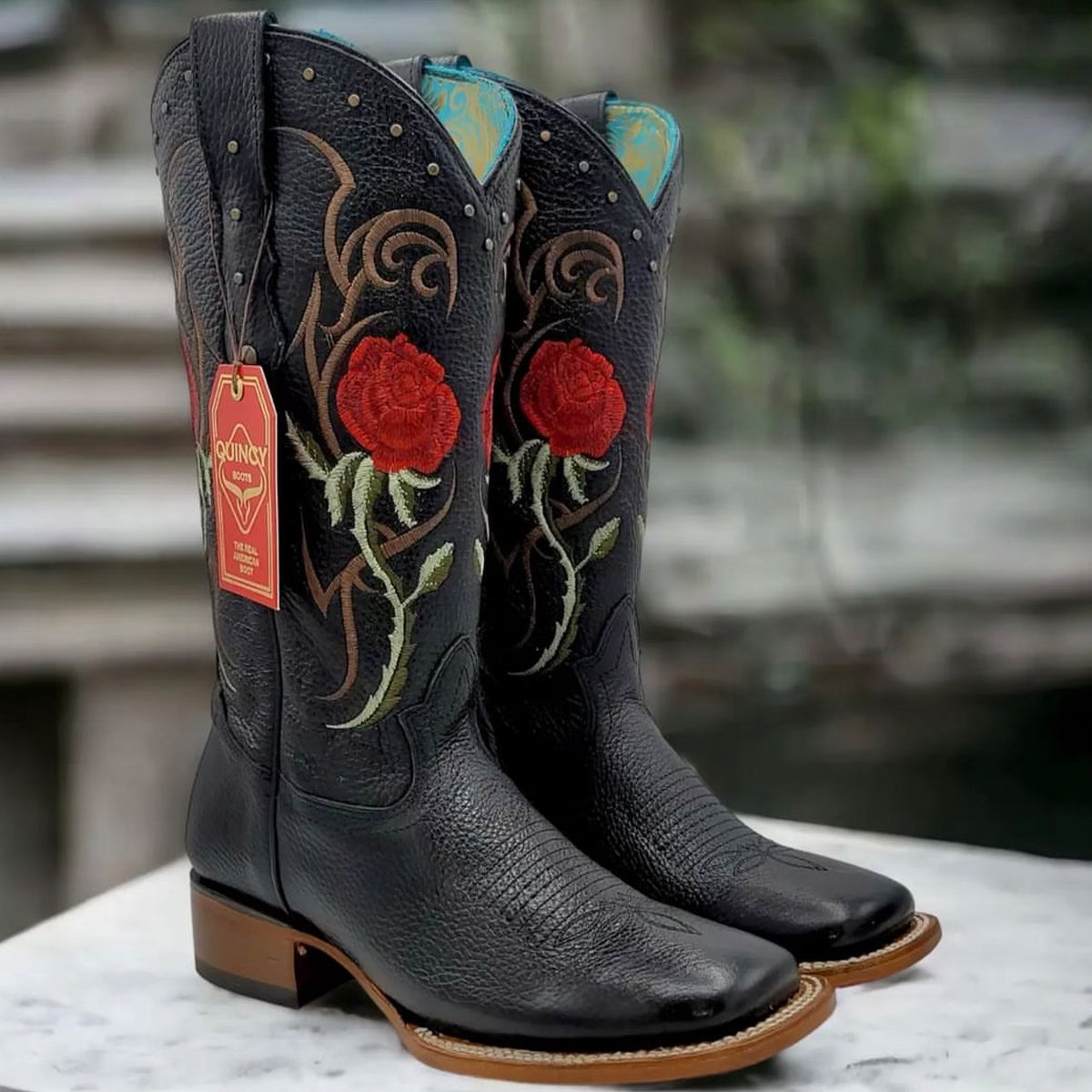 Quincy Red Rose Black Cowgirl Boot